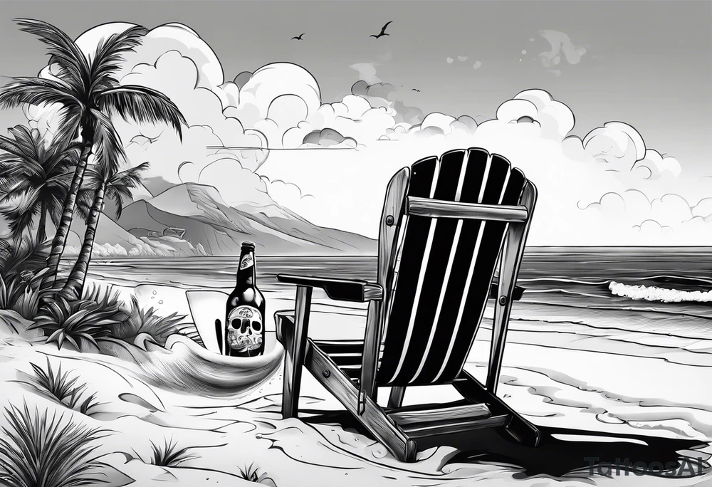 Skull body smoke on the beach sitting in a beach chair with a beer in its hand tattoo idea