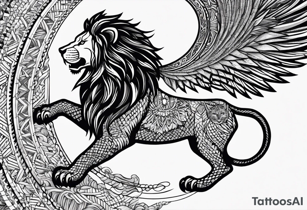 on a SOLID white BACKGROUND in the center, in a circle of weaving patterns, there is a black-and-white tattoo sketch: a lion in a grin stands against the background of a dragon with large wings tattoo idea