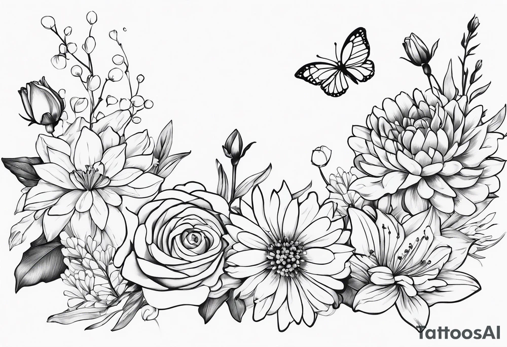 Asters, roses, lily of the valley, and chrysanthemums in a long line tattoo idea