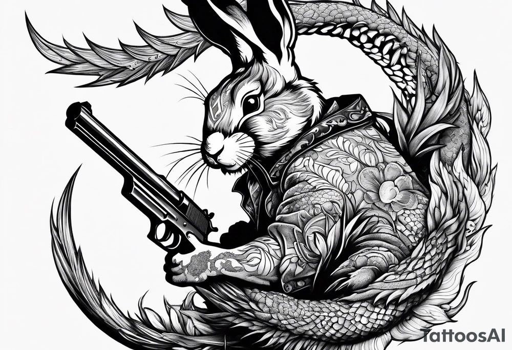 rabbit with gun fighting with dragon tattoo idea