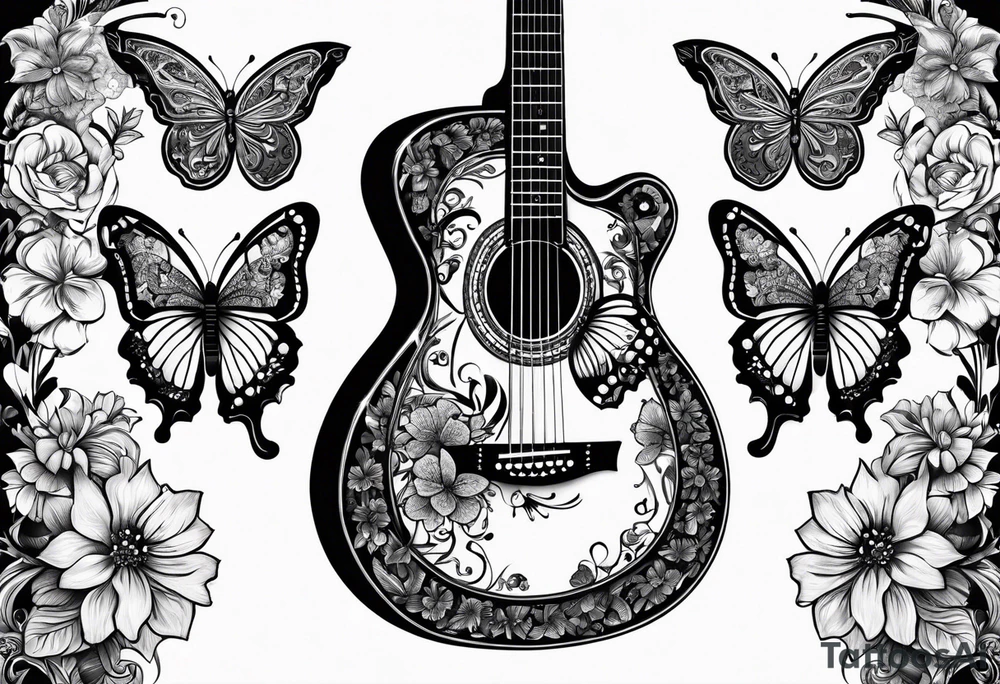 Whole electric acoustic Guitar with flowers growing off the side, butterflies tattoo idea