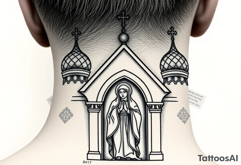 Flowing Scene

A onion domes orthodox church
Virgin Mary in prayer pose on the front doors of the russian orthodox church 
A small double headed russian coat of arms eagle or just the star tucked above the dome near the hairline tattoo idea