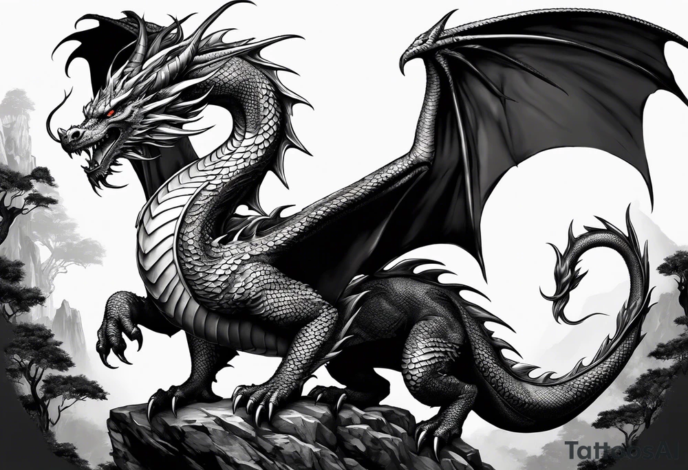 full body dragon perched with all 4 claws grabbing a pole and facing forward tattoo idea