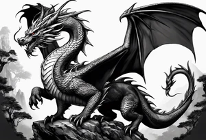 full body dragon perched with all 4 claws grabbing a pole and facing forward tattoo idea