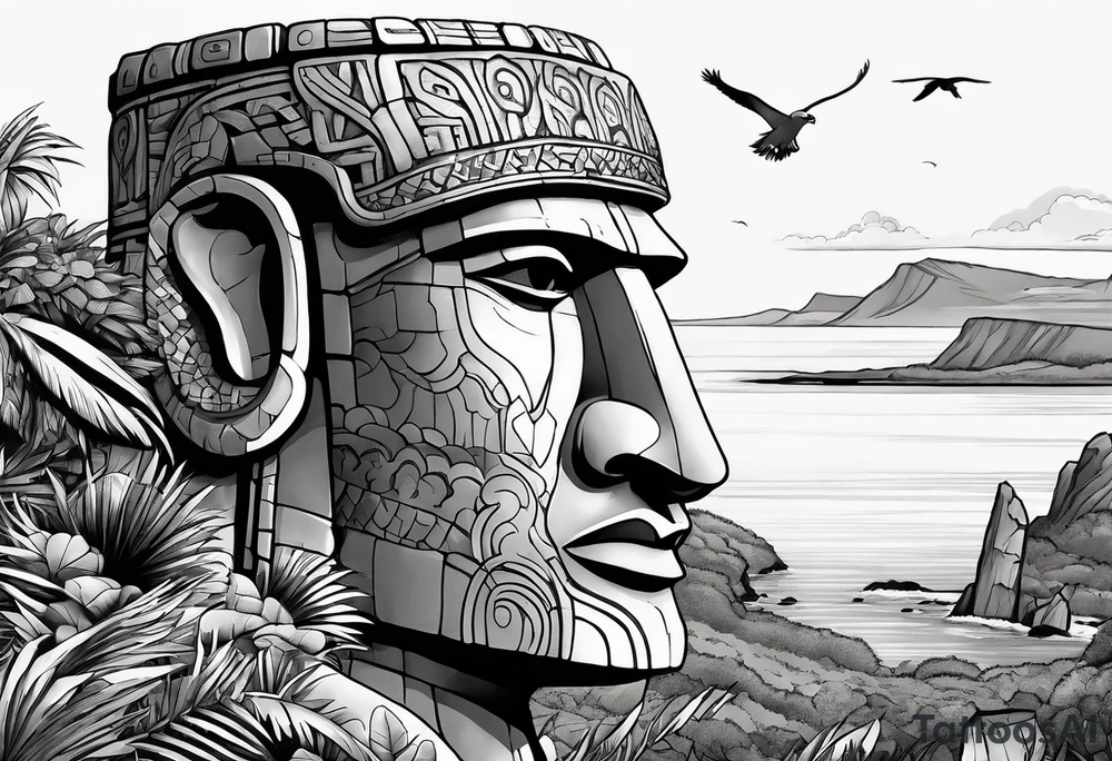 Upper arm piece of Easter island heads with an island landscape and hawk circling above tattoo idea