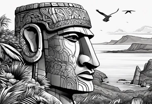 Upper arm piece of Easter island heads with an island landscape and hawk circling above tattoo idea