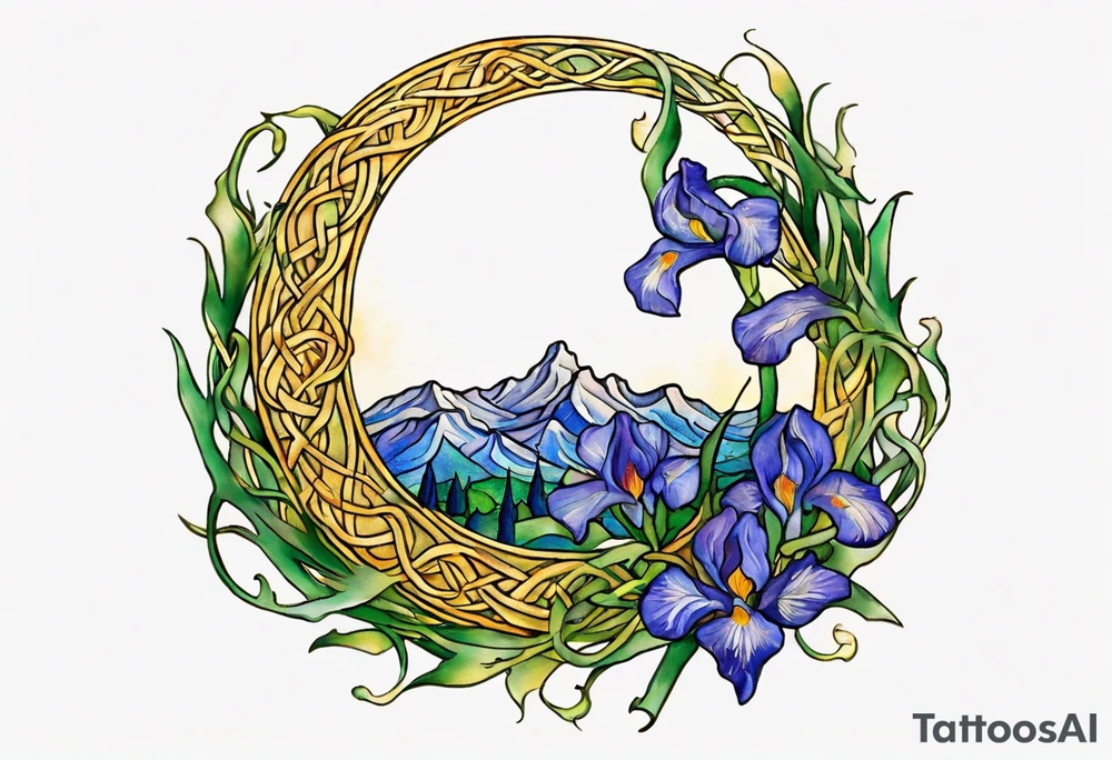 Create a small, colorful Vincent van Gogh Irises tattoo in the form of a crescent, with vines in Celtic knot style gracefully intertwining at a central point in the middle of the wreath. The intended placement is on the upper chest. The middle needs mountains. The overall design should be small in size while maintaining a delicate and artistic aesthetic. Pay attention to the graceful flow of the vines and the placement of the irises to achieve a refined and elegant look. tattoo idea
