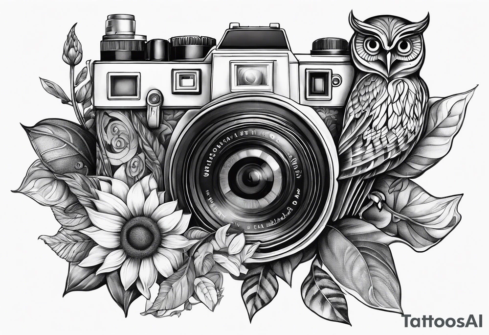sunflower, camera, fish, owl tattoo idea