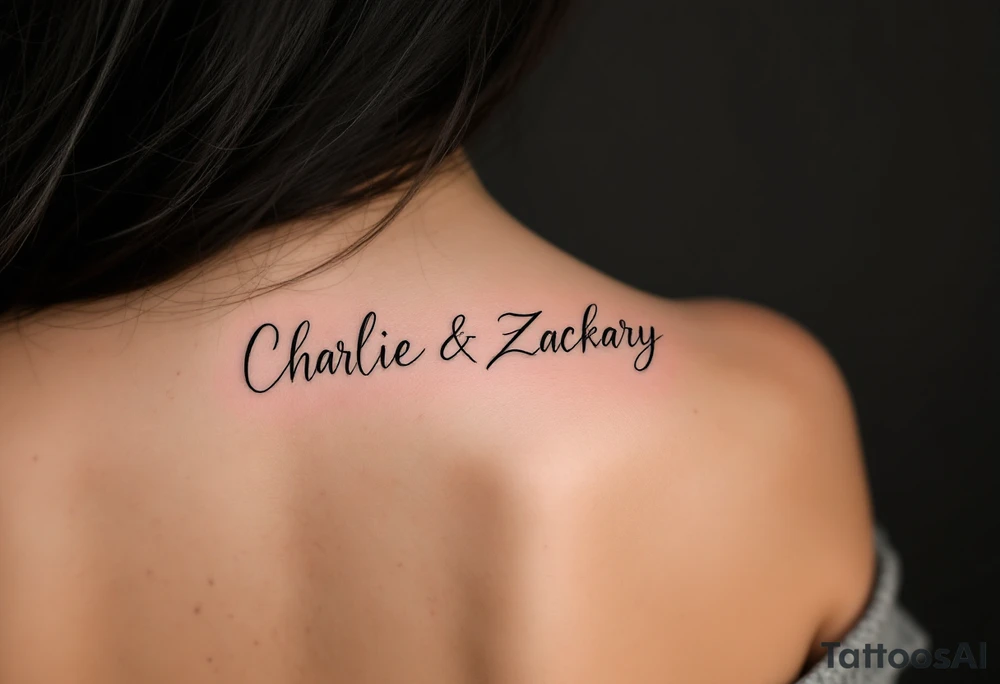 Create a delicate tattoo design that seamlessly integrates the names "Charlie" and "Zackary" in graceful, flowing cursive. Enclose the names within a softly stylized symbol that embodies strength and unity. add other symbol tattoo idea