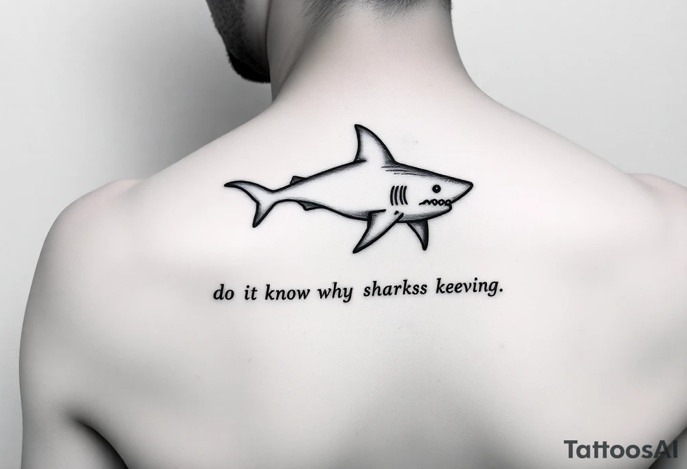 Shark on spine with words “do you know why sharks keep moving” tattoo idea
