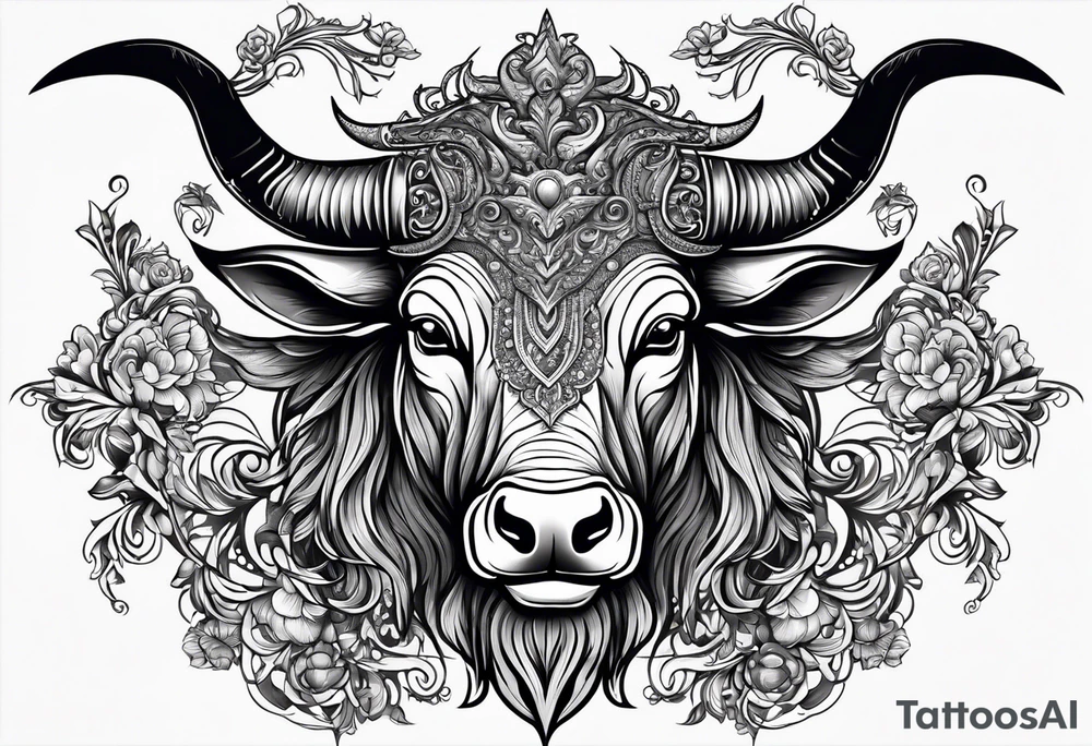 Evil, scary bull with horns surrounded by fill work for back tattoo tattoo idea