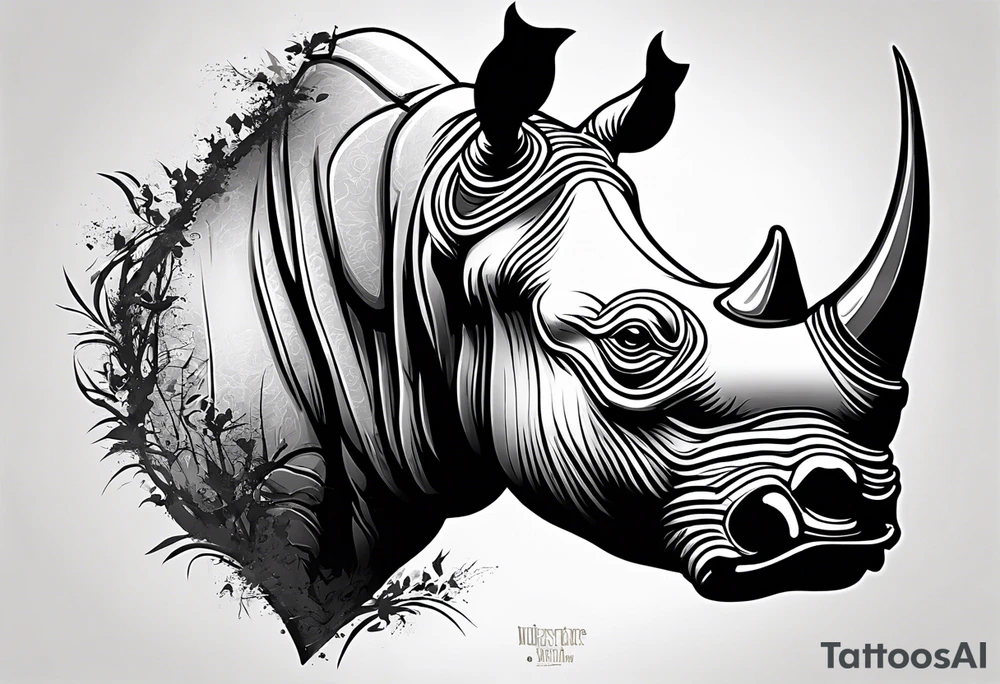 A front-facing rhino head with a sharp elongated tusk that is angry and fierce. Ears pointed straight up and forward a bit. Eyes that pierce your soul. A snarling jowel tattoo idea