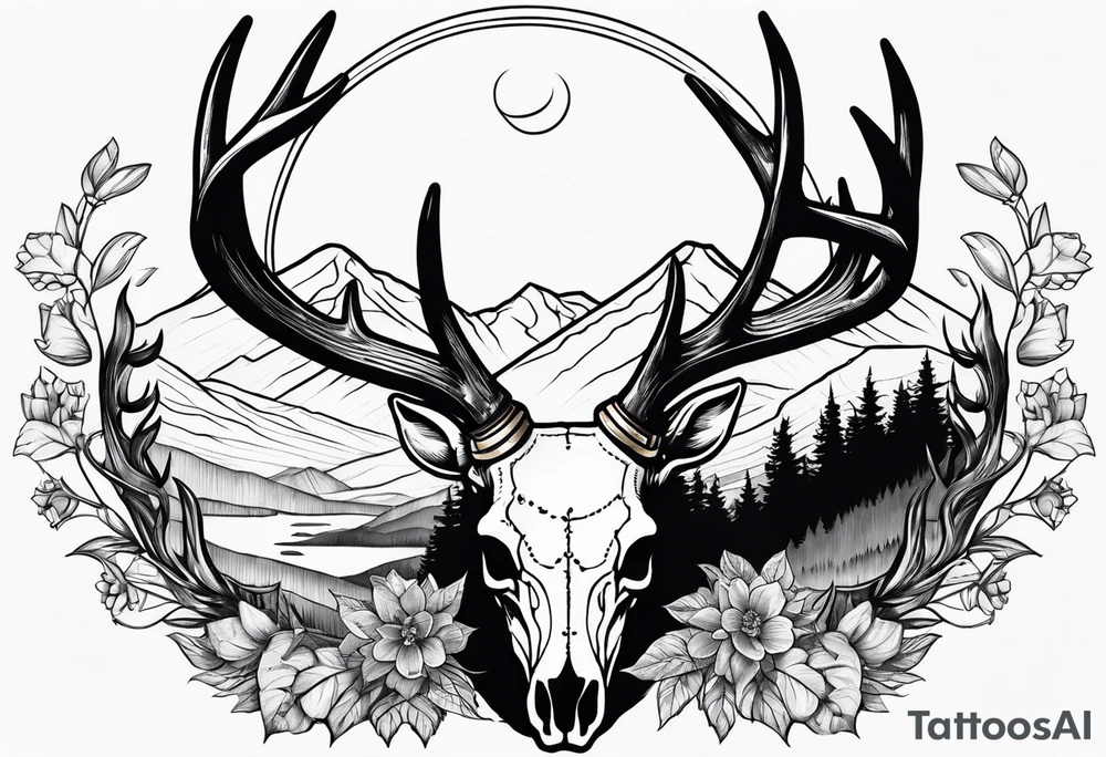 deer skull with mountains tattoo idea