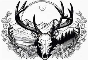 deer skull with mountains tattoo idea