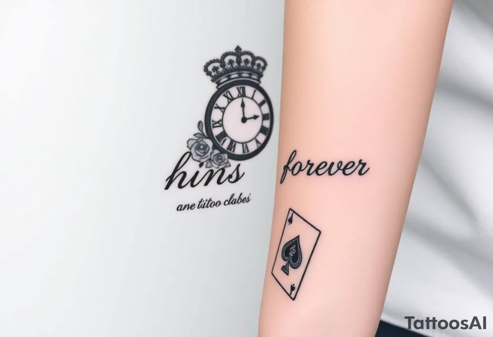 Roman clock with a crown, with roses and a quote that says nothings forever. and on the bottom a deck of cards gangster chicano style tattoo idea