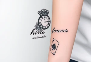 Roman clock with a crown, with roses and a quote that says nothings forever. and on the bottom a deck of cards gangster chicano style tattoo idea