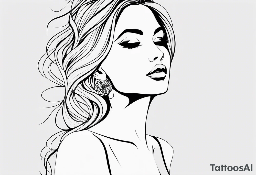 a line tattoo style design of a beautiful woman. The design features elegant lines that capture the essence of the woman’s features and form. It’s set against a white background, emphasizing the clean and minimalistic approach of the line art. The design focuses on the contours and shapes, creating a striking visual piece. tattoo idea