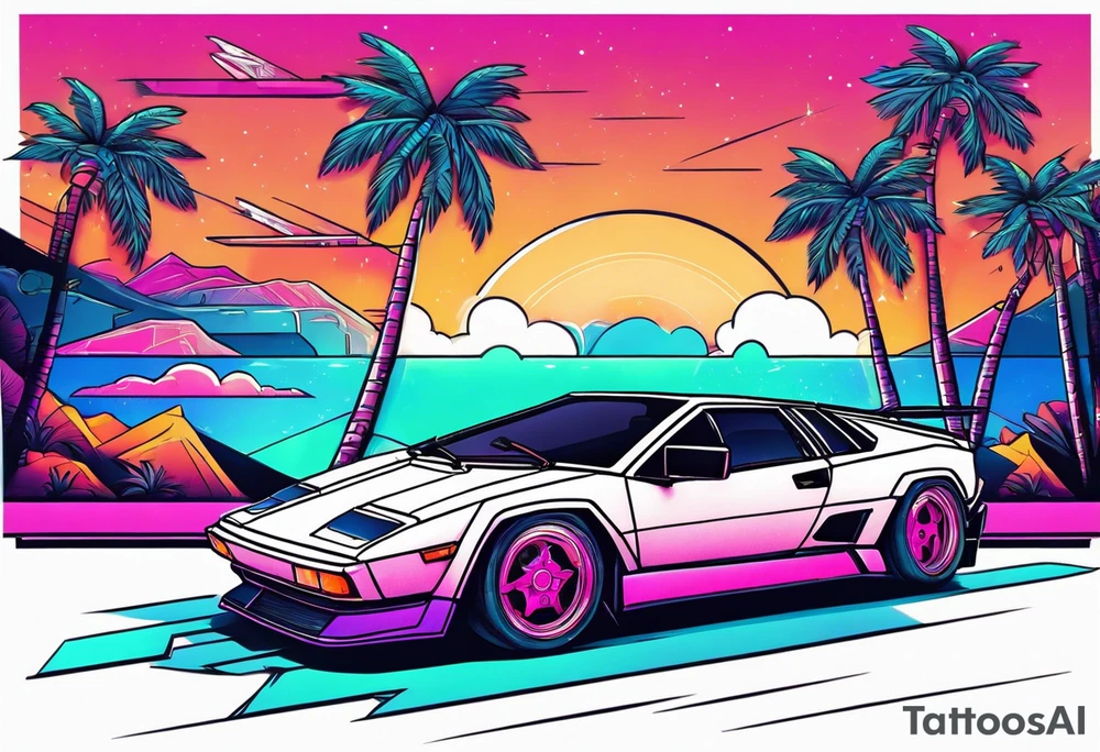 Synthwave tattoo with palm trees and an old lamborghini driving. tattoo idea