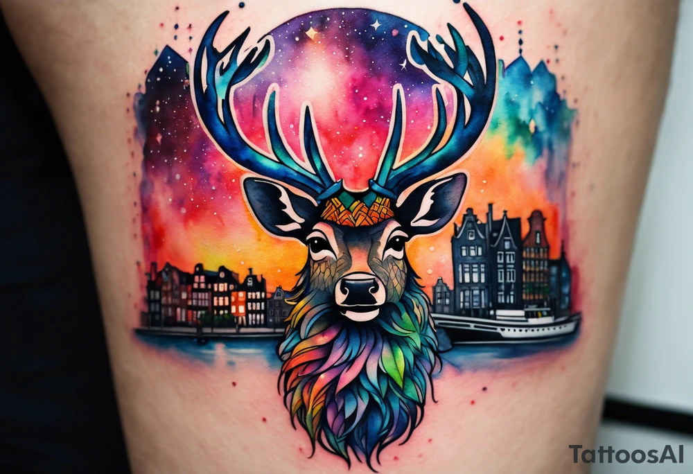 watercolour tattoo, stag in shape of pineapple, Amsterdam, Amsterdam buildings, Amsterdam canal, space colours, galaxy colours, pineapples tattoo idea