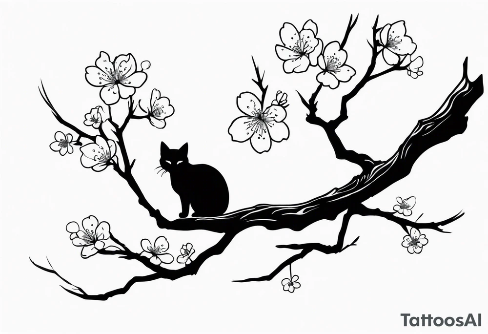 elongated cherry blossom branch meeting with a dying pine tree with hidden cute demon cat tattoo idea