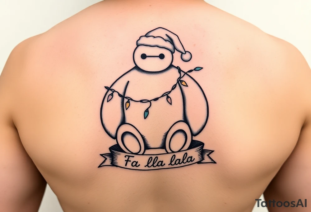 Disney Christmas themed sitting Baymax  wrapped up in Christmas lights and Santa hat with banner at bottom with "Fa-la-la-la-la" in writing on arm tattoo idea