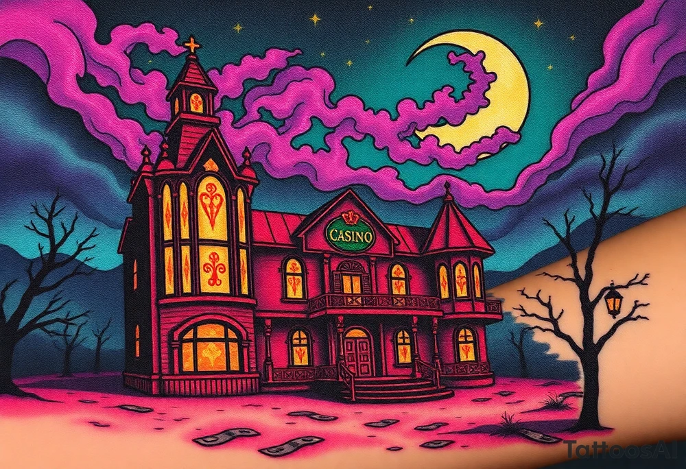 Tim Burton’s haunted casino is abandoned and dripping with muted reds, dusty pinks, and eerie green glow.purple and cyan smokey clouds swirl in the crescent moonlit sky thats sprinkled with stars tattoo idea tattoo idea