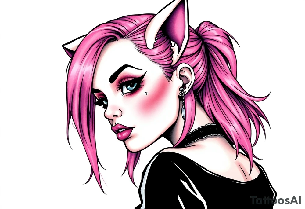 hot goth girl with puppy ears and with piercings on face and big boobs and big butt with black outfit on with pink hair tattoo idea