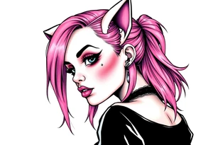 hot goth girl with puppy ears and with piercings on face and big boobs and big butt with black outfit on with pink hair tattoo idea