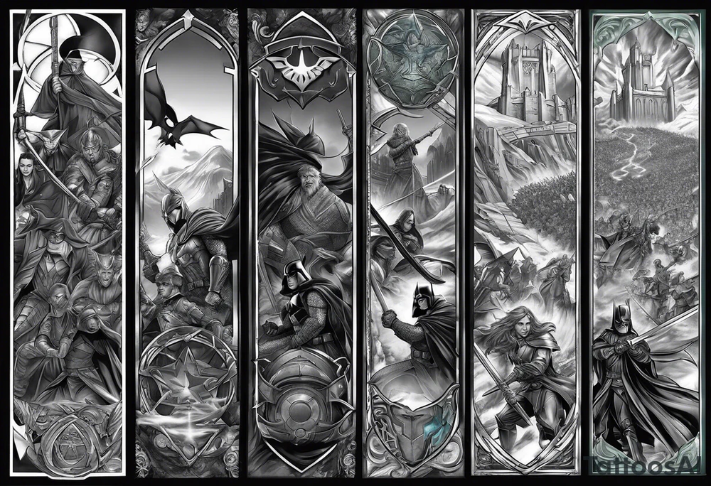 Full arm sleeve tattoo extending from shoulder to wrist featuring the battle of Helms Deep with character such as Anakin Skywalker, Obi Wan Kenobi, Darth Vader, Superman, Batman, Green Lantern, Dark Magician and Blue-Eyes White Dragon from Yu-Gi-Oh!, and Captain America added in to a panned out scenic battle tattoo idea