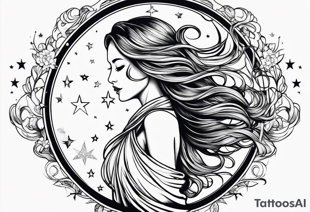 long haired woman reaching to stars tattoo idea