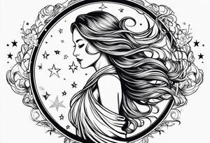 long haired woman reaching to stars tattoo idea