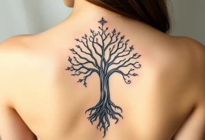 mystical tree of life with cosmic roots and celestial branches tattoo idea