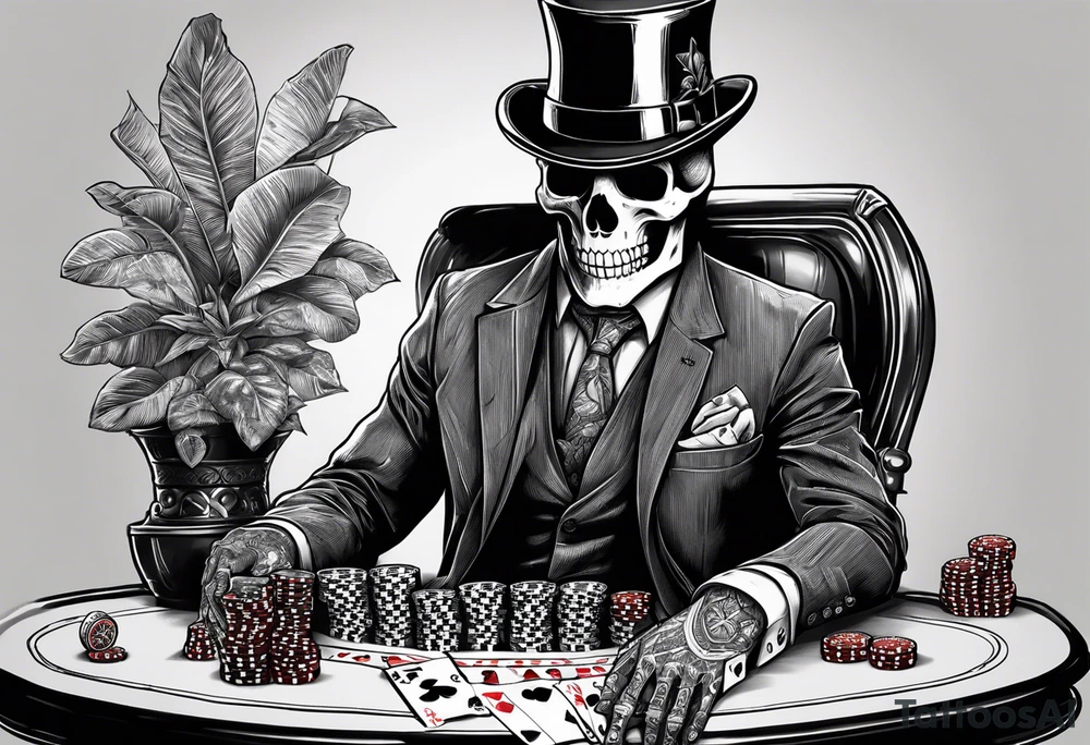 Skeleton in suit, with hat, sitting at the table, holding poker tokens tattoo idea tattoo idea