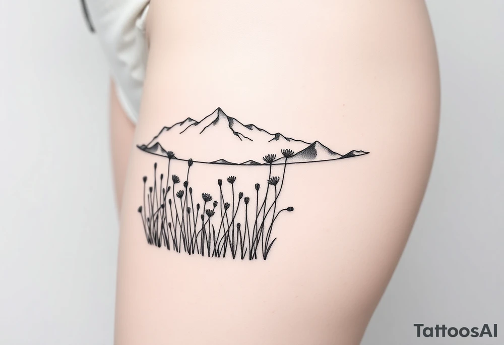 A field with long grass and flowers with mountains in the background tattoo idea