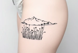 A field with long grass and flowers with mountains in the background tattoo idea