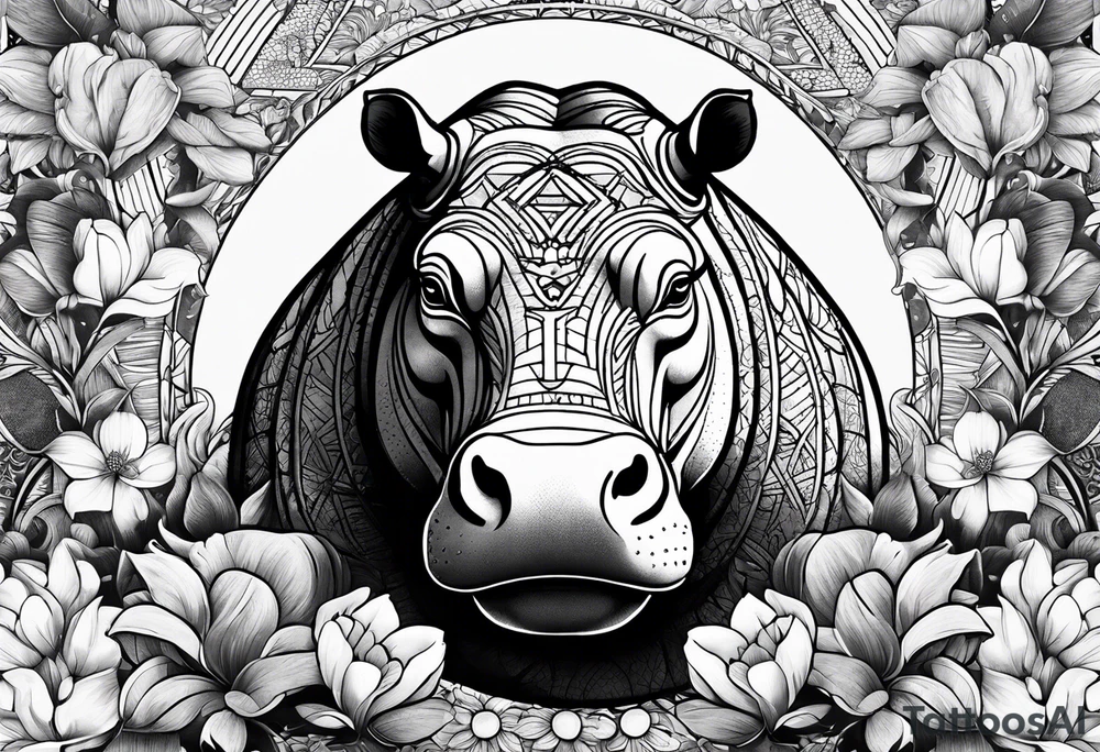 Hippo, flowers, moon, fine lines, tribal, geometric tattoo idea