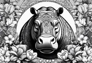 Hippo, flowers, moon, fine lines, tribal, geometric tattoo idea