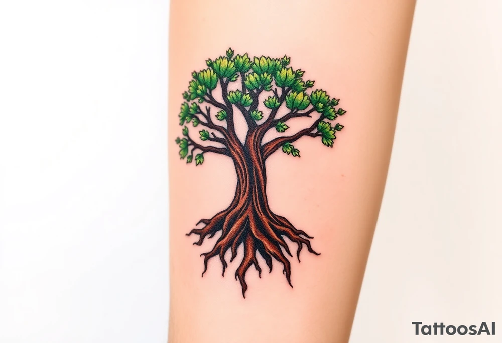 A majestic oak family tree with deep brown roots and lush green leaves tattoo idea