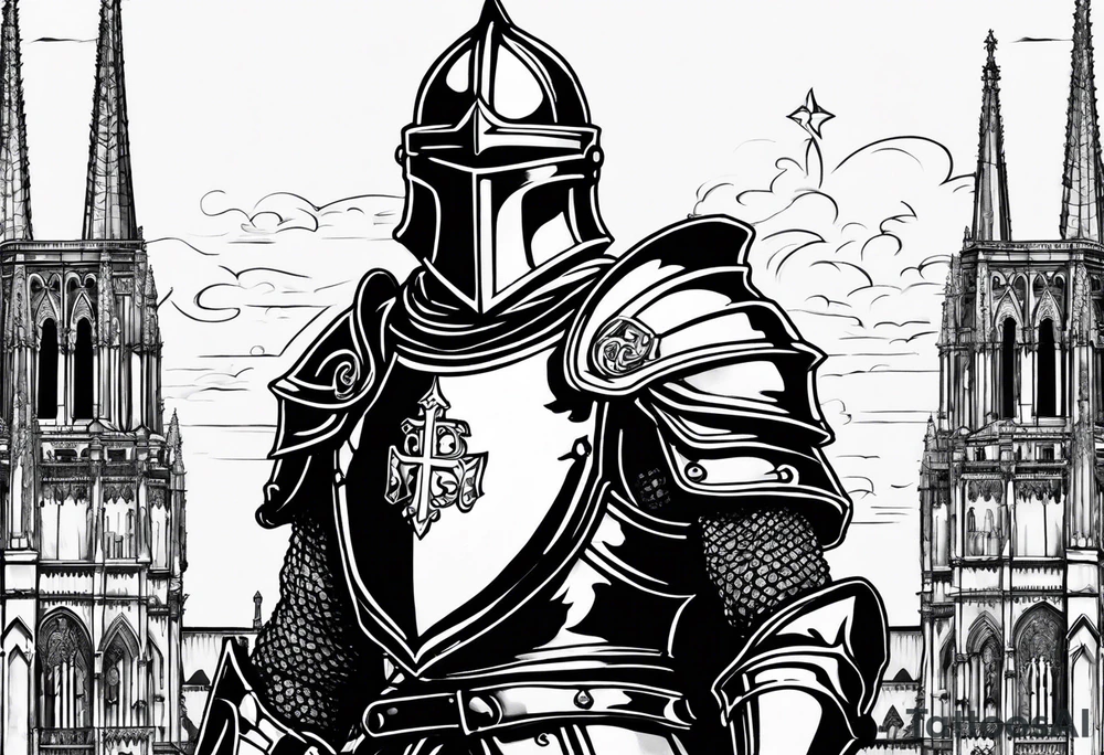 knight with heavy armor with Notre Dame with initials RJL on chest tattoo idea