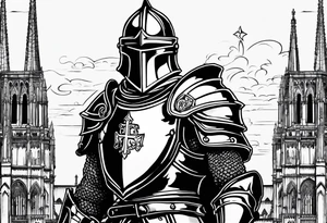 knight with heavy armor with Notre Dame with initials RJL on chest tattoo idea