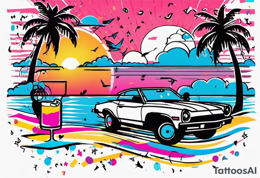 1980's miami vice style beach dance 
party, include confetti, music notes, boom box, bikinis sunset in the center tattoo idea