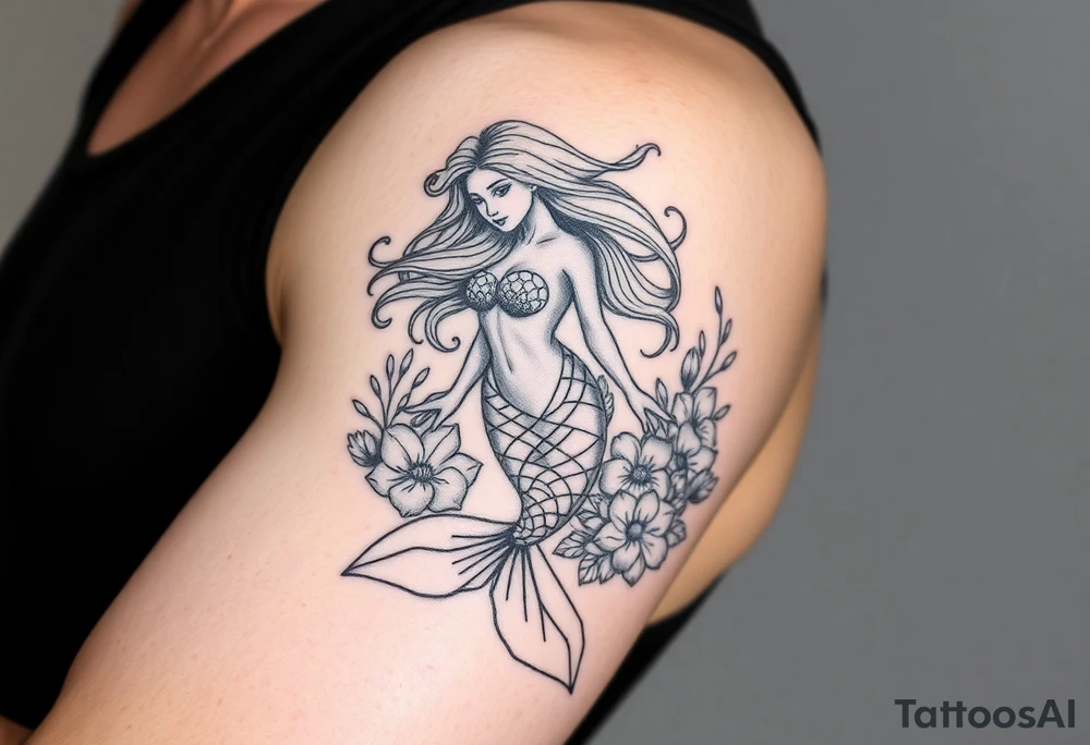ethereal mermaid with flowing hair among coral and sea flowers tattoo idea
