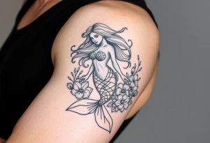 ethereal mermaid with flowing hair among coral and sea flowers tattoo idea