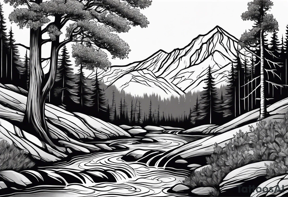Mountain stream in an oak forest tattoo idea
