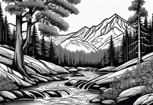 Mountain stream in an oak forest tattoo idea