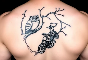 Owl in a tree and the cartoon character woody the woodpecker lovingly looking up at the owl as he rides a harley davidson under the tree tattoo idea