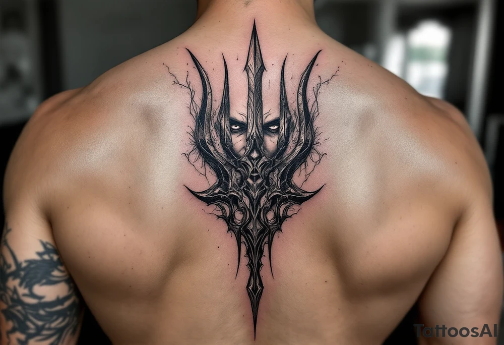 face behind trident tattoo idea