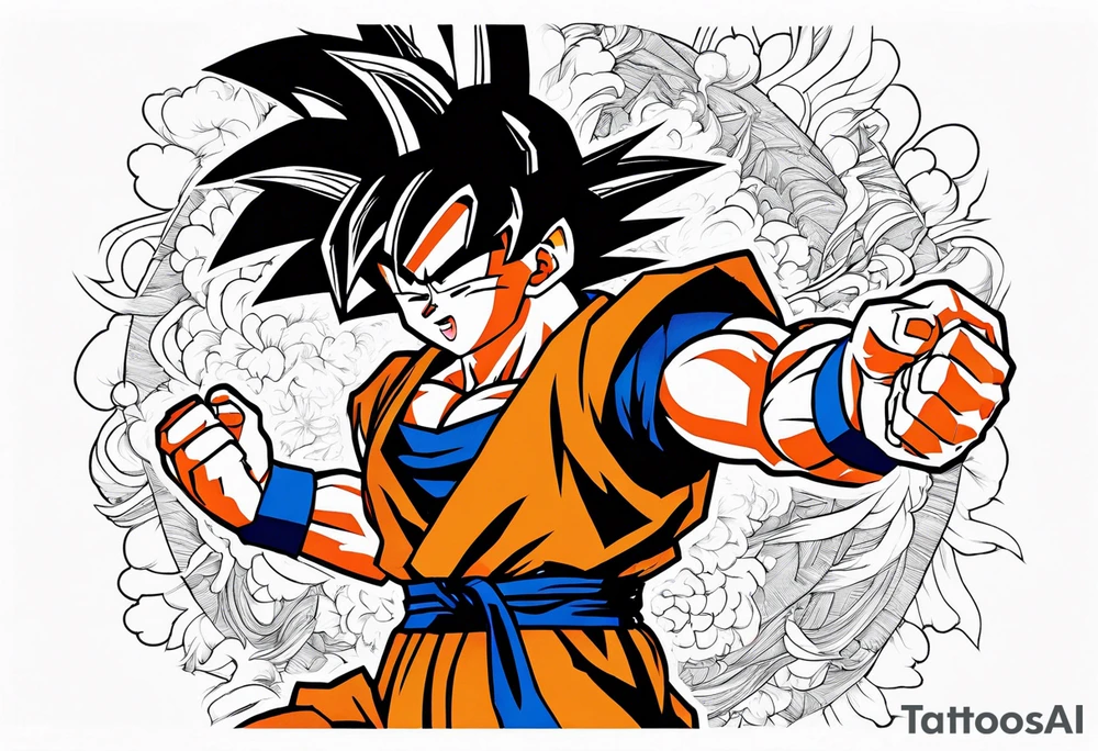 paint son goku as a super saiyajin 2, doing a kamehameha. sourround him by his friends and his family. all of them are displayed as a papercut tattoo idea