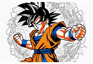 paint son goku as a super saiyajin 2, doing a kamehameha. sourround him by his friends and his family. all of them are displayed as a papercut tattoo idea