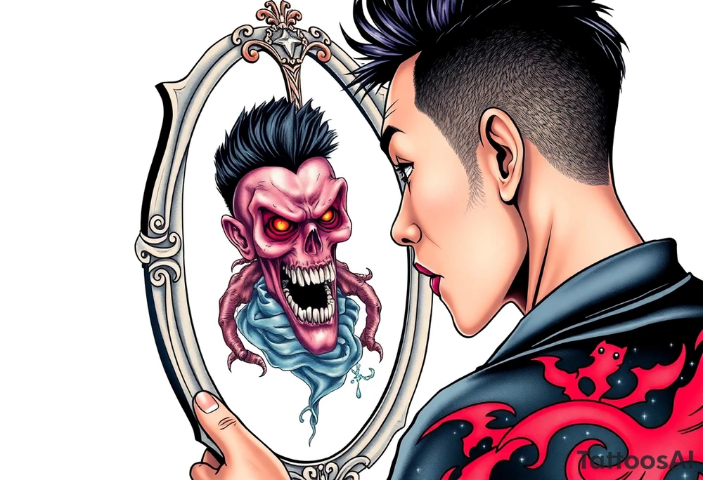 Handsome Asian young guy is looking in cursed mirror and see the evil tattoo idea